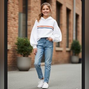 NWT Nordstrom Big Girls White Rainbow Stripe French Terry Balloon Sleeve Hoodie